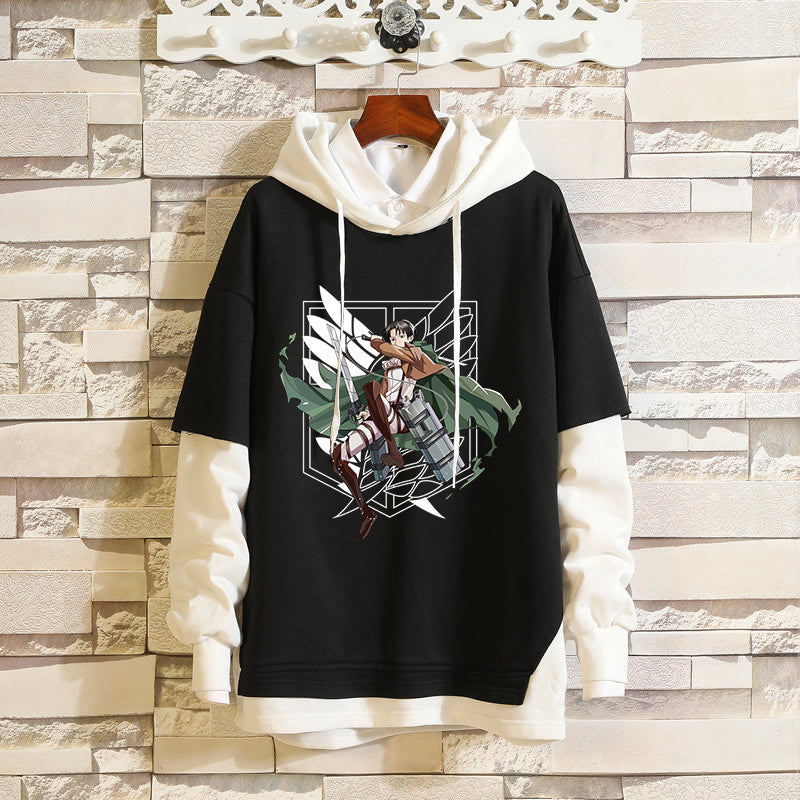 Unisex Anime Fake Two-piece Pullover Hoodie