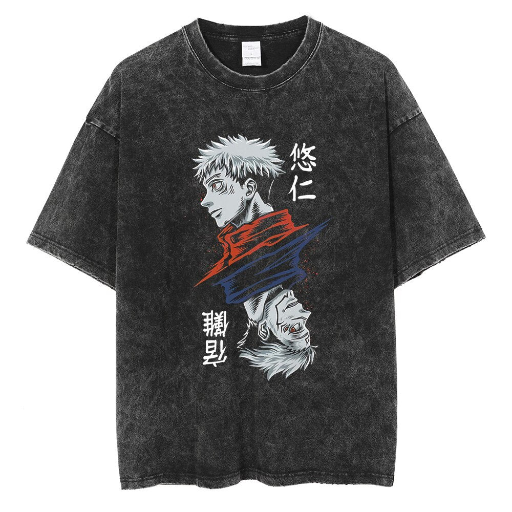 Casual Retro Washed Anime Graphic T-shirt