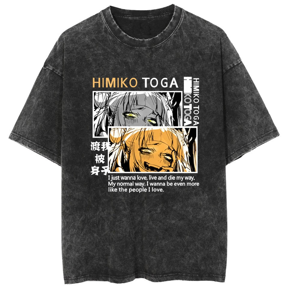 Trendy Anime Pattern Crew Neck Washed T-Shirt