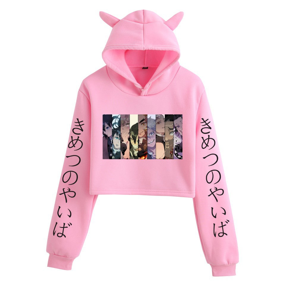 Girls Sexy Anime Print Cat Ears Cropped Hoodie