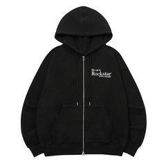 Women's Letter Zipper Black Hooded Jacket
