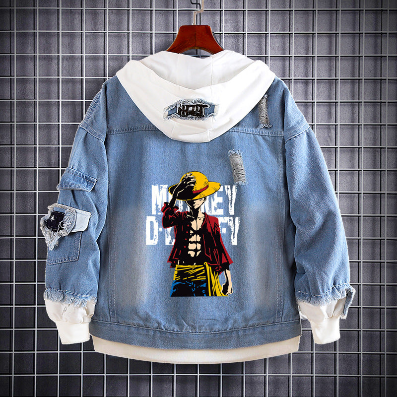 Unisex Luffy Graphic Print Hooded Denim Jacket