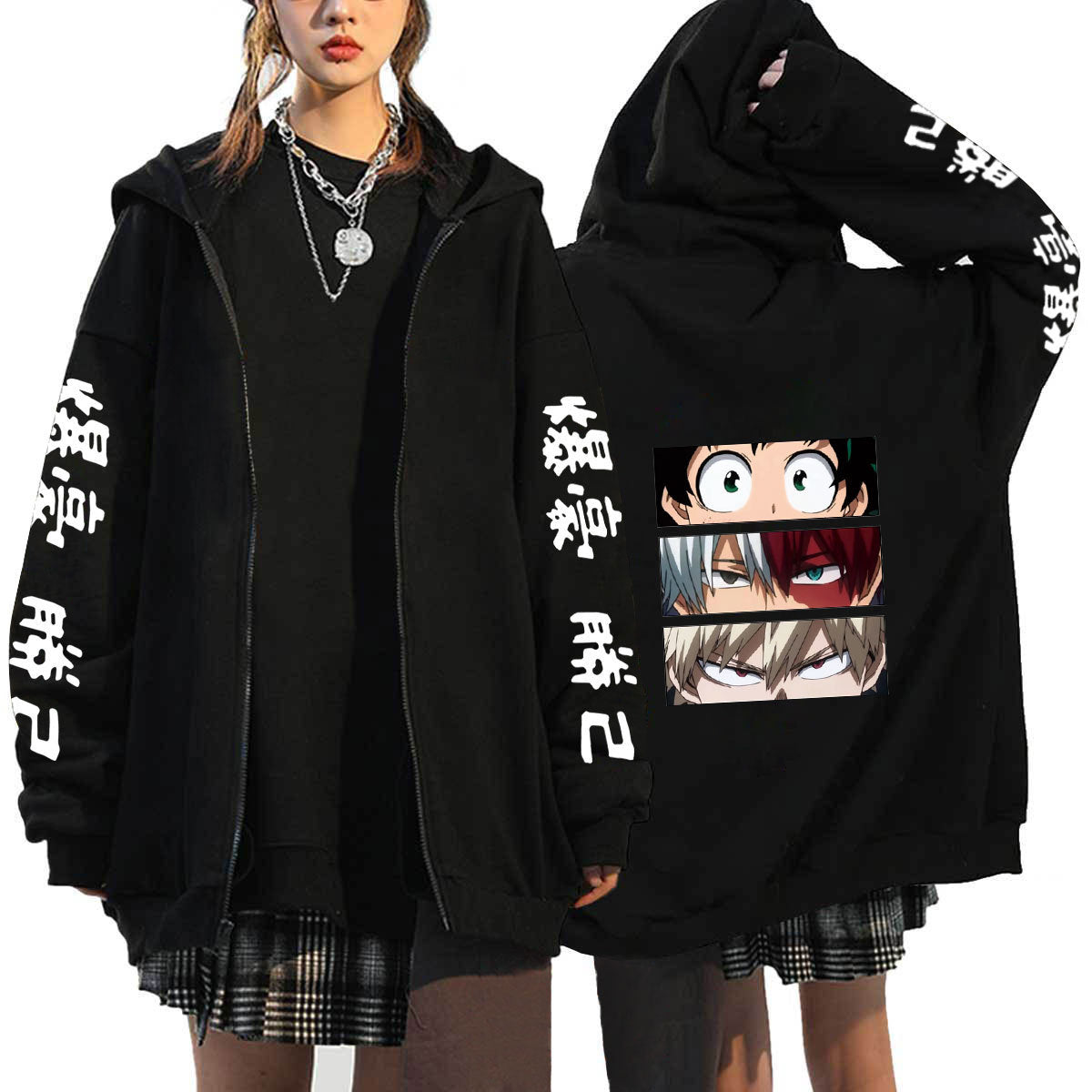 Unisex Anime Casual Black Zipper Hoodie