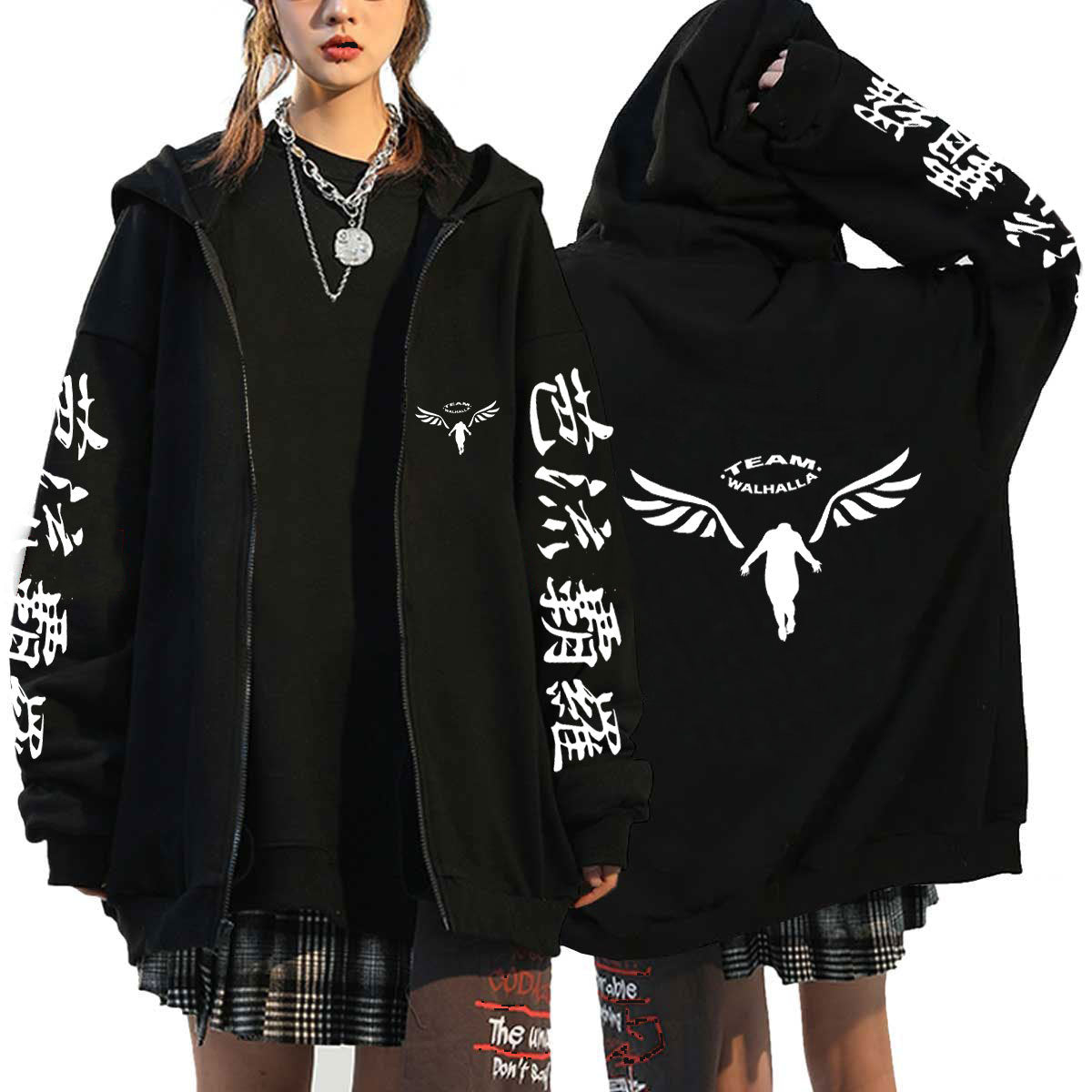 Unisex Anime Letter Print Zip Up Black Hoodie