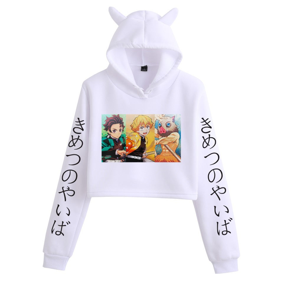 Girls Sexy Anime Print Cat Ears Cropped Hoodie