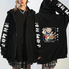 Unisex Anime Printed Black Zipper Loose Hoodie