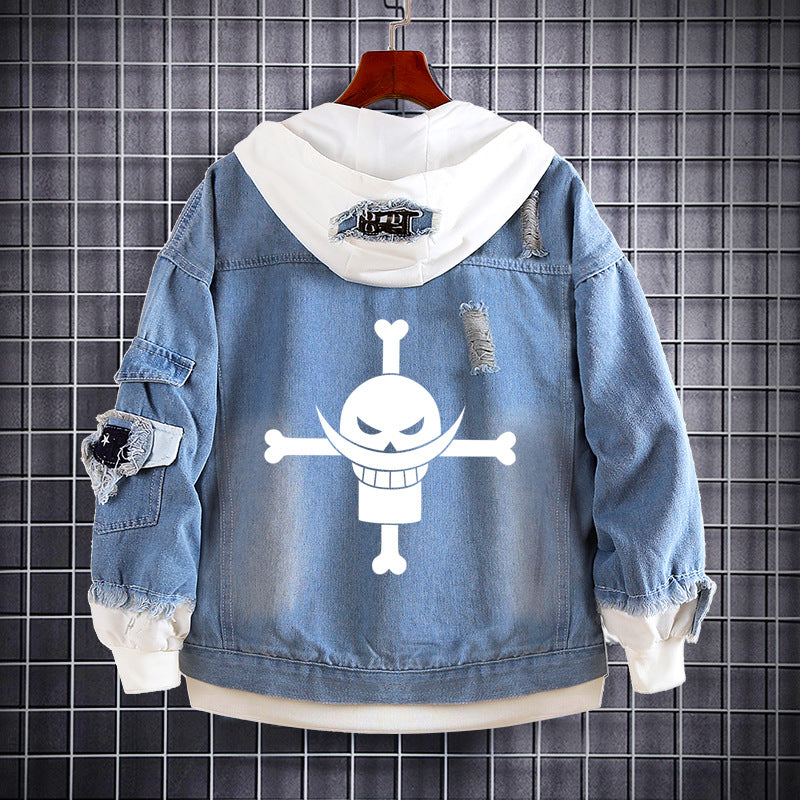 Unisex Luffy Graphic Print Hooded Denim Jacket