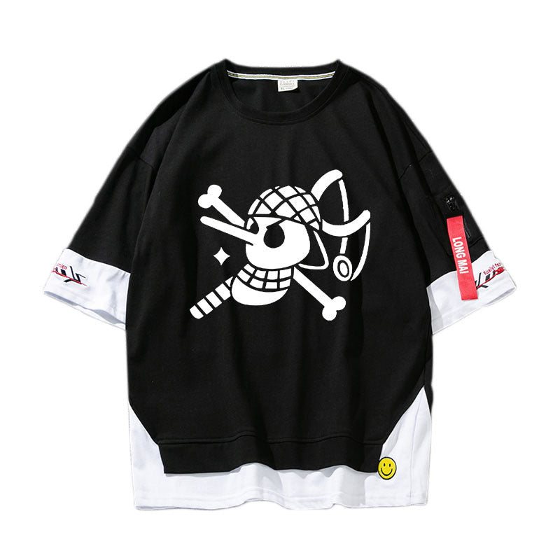 Trendy Anime Luffy Fake Two Piece Short-sleeved T-shirt