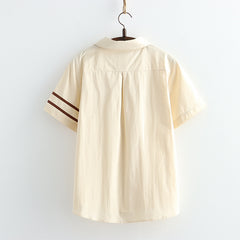 Japanese Style Bear Embroidered Loose Short-sleeved Shirt