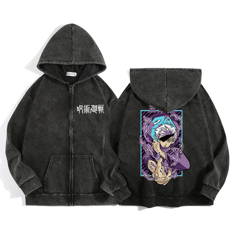 Unisex Anime Printed Washed Casual Zipper Hoodie