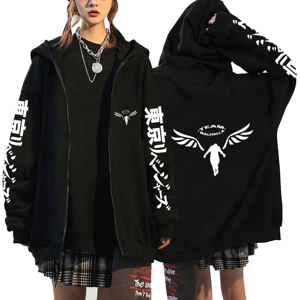 Unisex Anime Letter Print Zip Up Black Hoodie