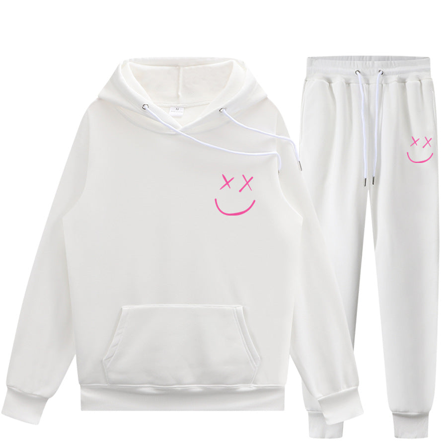 Unisex Smiley Face Print Pullover Hoodie Trendy Sweatpants Set