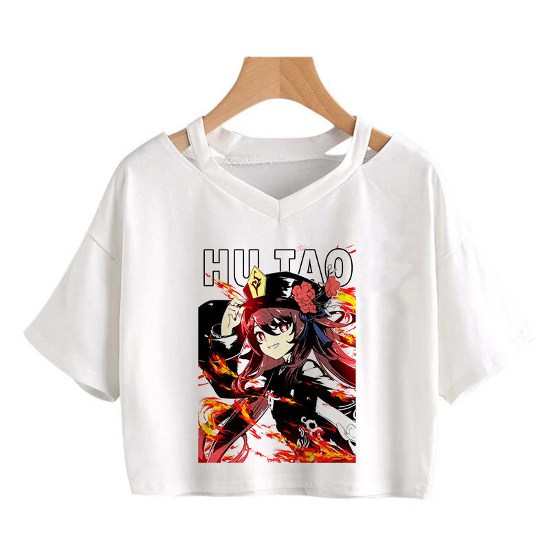 Cute Girls Hutao Game Print Cropped T-shirt