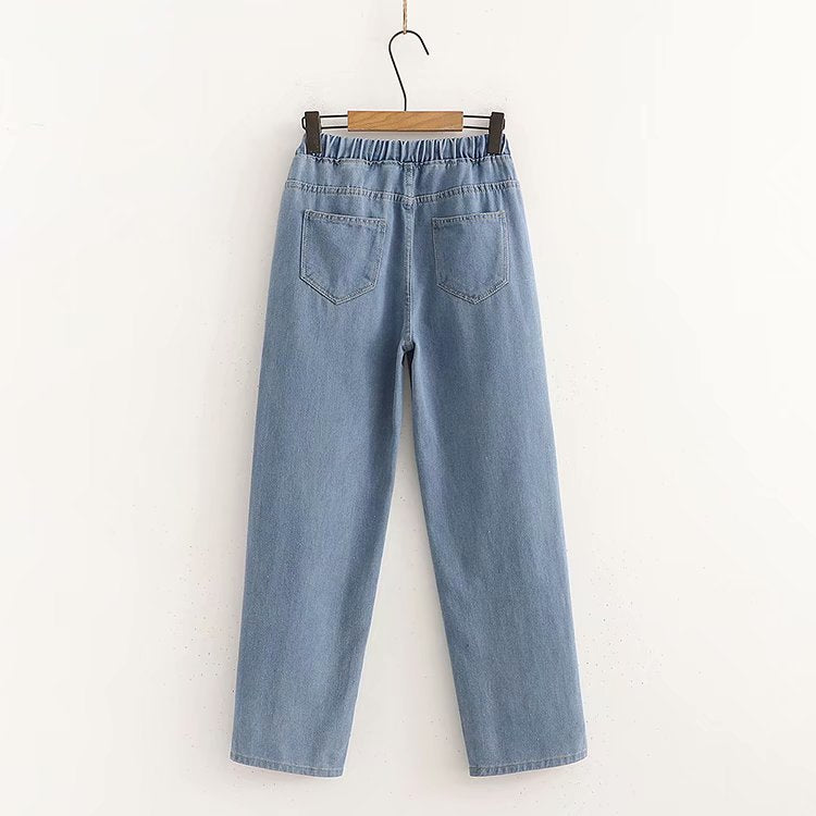 Versatile Elastic Waist Straight Denim Wide Leg Pants