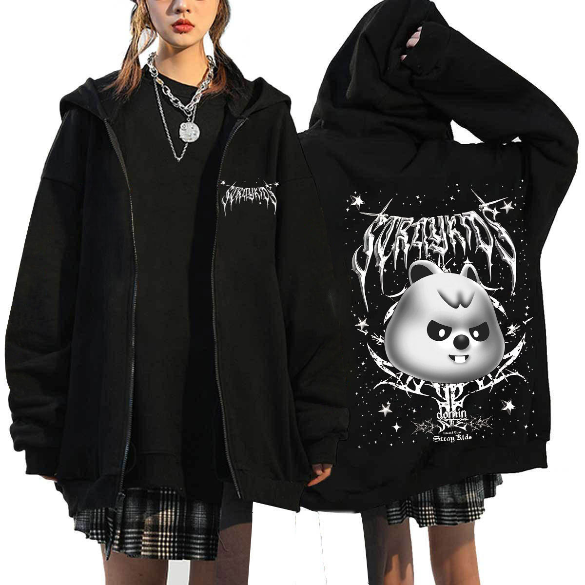 Evil SKZ Animal Characters Print Zip Up Black Hoodie