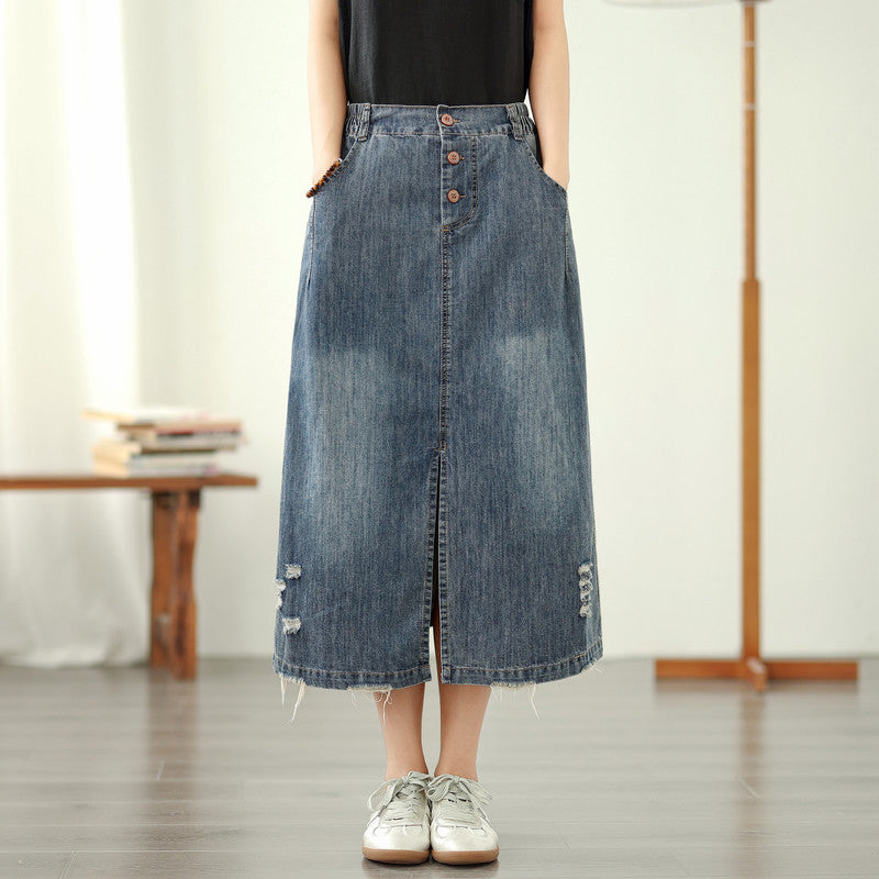 Floral Embroidered Elastic Waist Button Denim Skirt