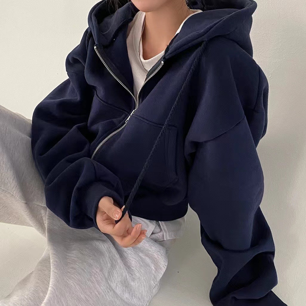 Versatile Slim Zipper Solid Color Crop Hoodie