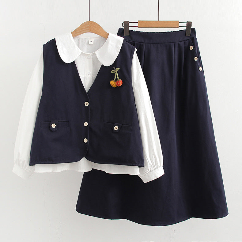 Casual Thin Vest Doll Collar Shirt Skirts Three-piece Set