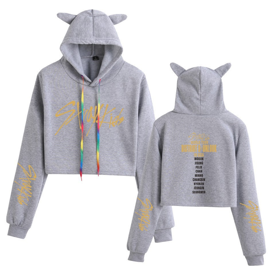 Cute Girls Kpop Cat Ears Cropped Hoodie