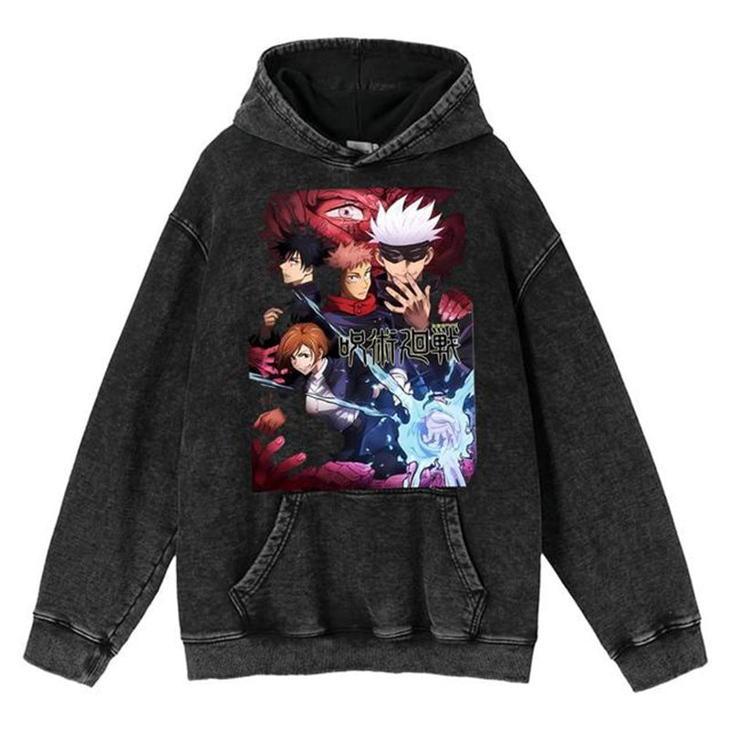 Unisex Vintage Washed Anime Printed Loose Hoodie