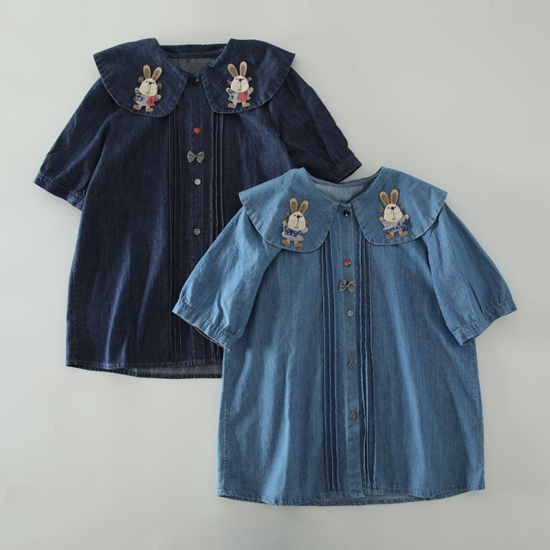 Cute Rabbit Embroidered Doll Collar Washed Denim Short Sleeved Shirt