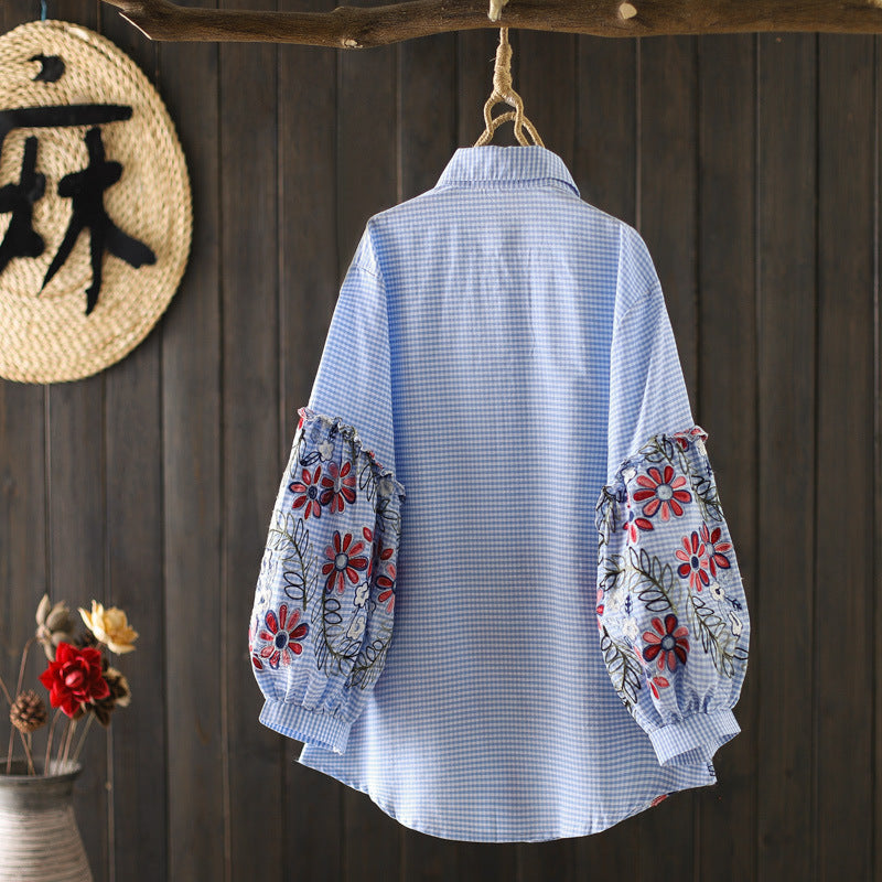 Chic Girls Fresh Loose Bubble Sleeve Floral Embroidered Shirt