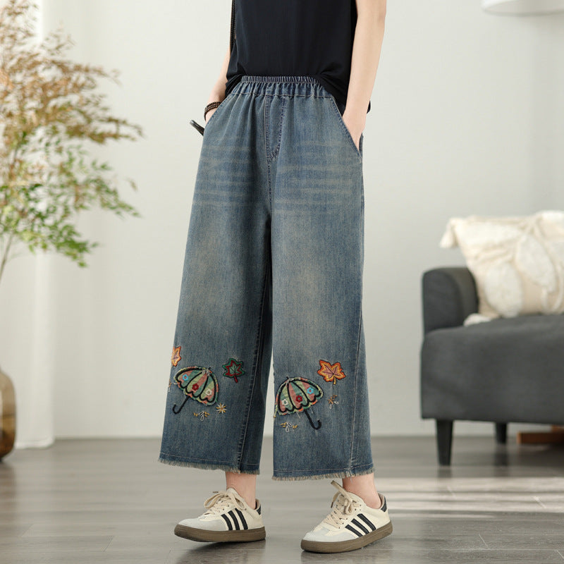 Women's Floral Embroidered Elastic Waist Jeans