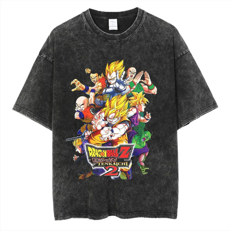 Vintage  Anime Washed Printed Short-sleeved T-shirt