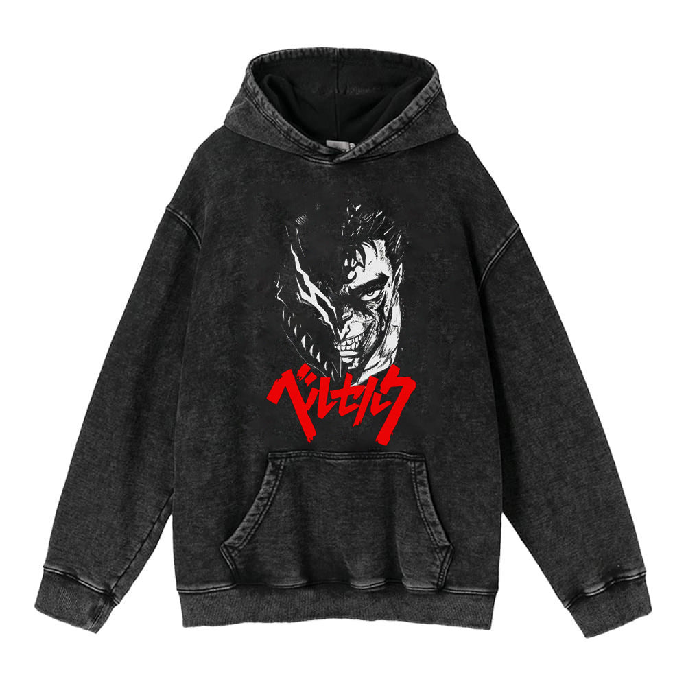 Retro Anime Washed Black Loose Hoodie