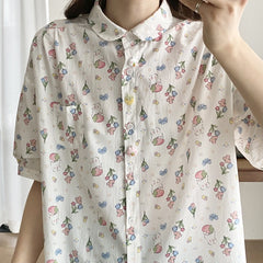 Cartoon Little Flower Rabbit Print Casual Short-sleeved Shirt