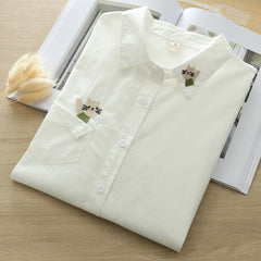 Cat Pocket Embroidered Long-sleeved Women's Shirt