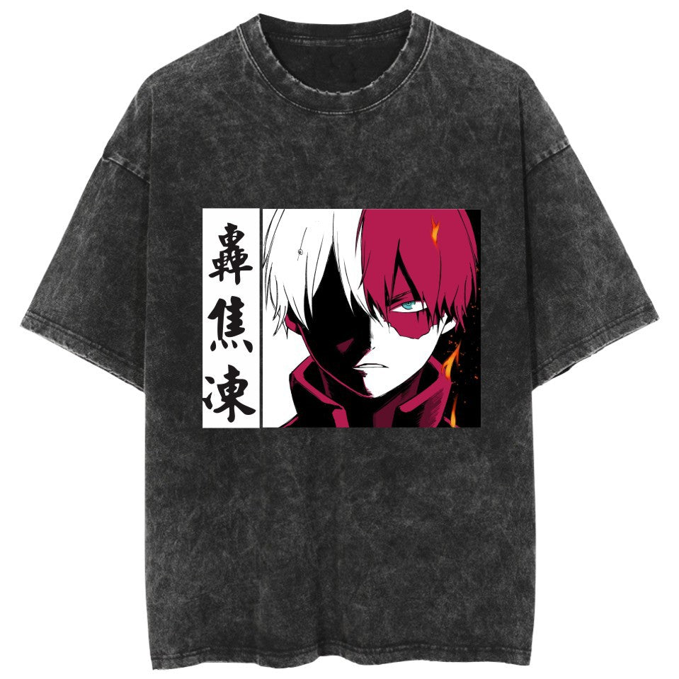 Casual Anime Deku Dabi Pattern Washed T-shirt