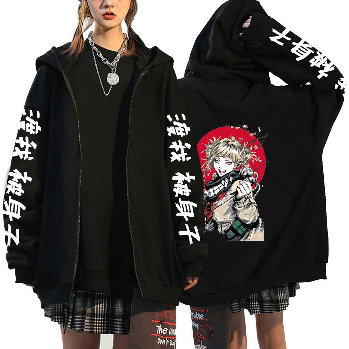 Unisex Anime Printed Zip Up Black Casual Hoodie