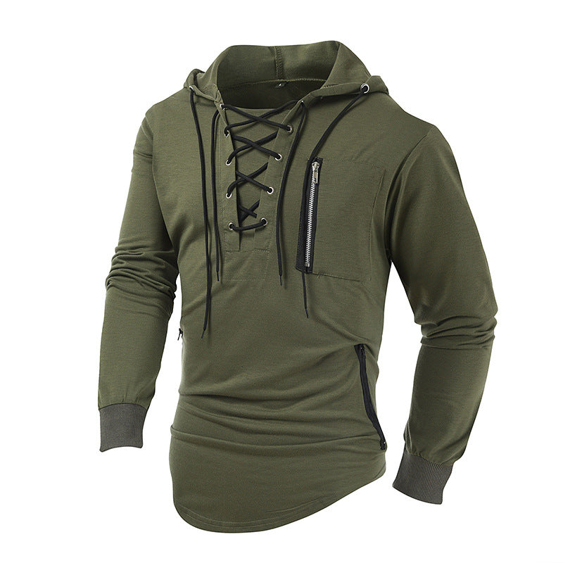Men's Hooded Lace-up Zipper Pocket Sports Shirt
