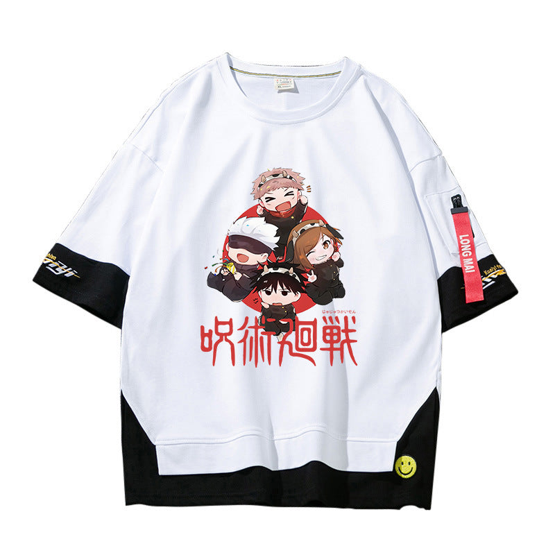 Unisex Anime Fake Two Short-sleeved Loose T-shirt