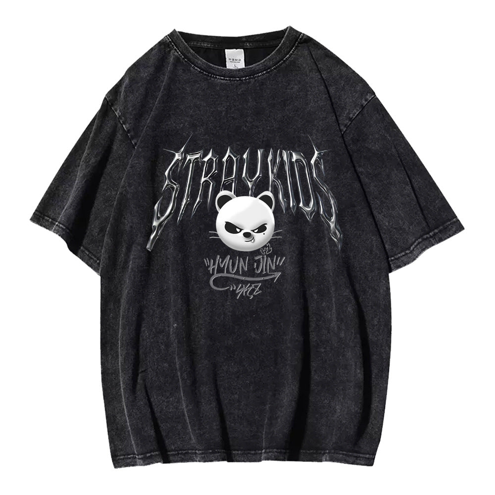 Evil KPOP Cartoon Skz Print Washed T-shirt