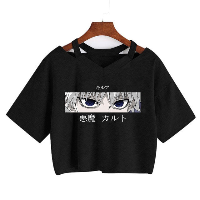 Trendy Women's V-Neck Anime Short Sleeve Crop Tee