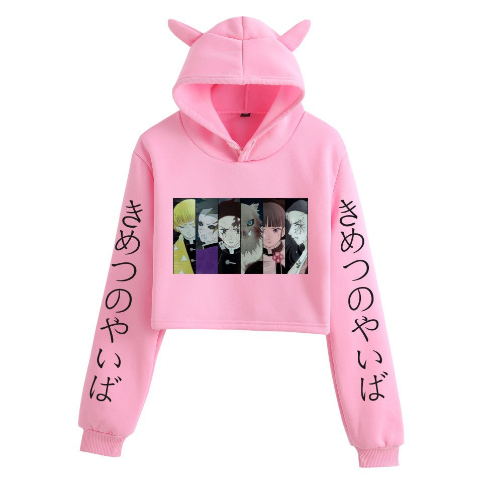 Girls Sexy Anime Print Cat Ears Cropped Hoodie