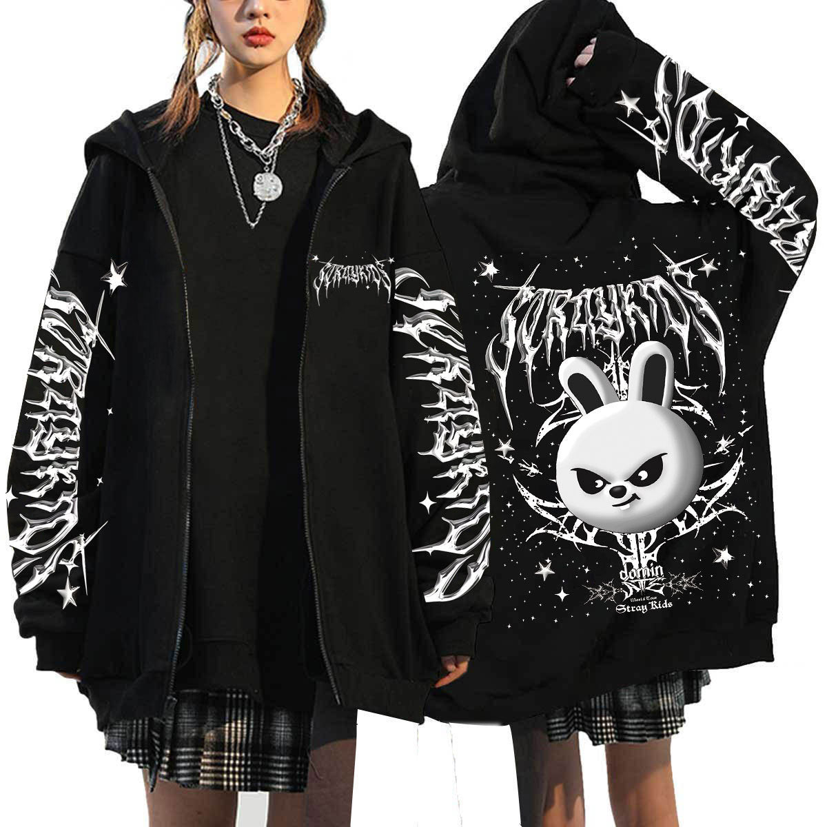 Evil SKZ Animal Characters Print Zip Up Black Hoodie