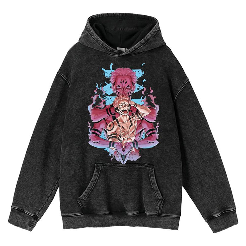 Unisex Vintage Washed Anime Printed Loose Hoodie