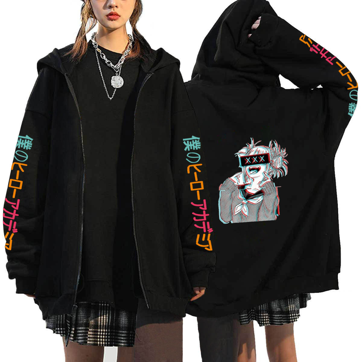 Unisex Trendy Anime Printed Black Zipper Hoodie