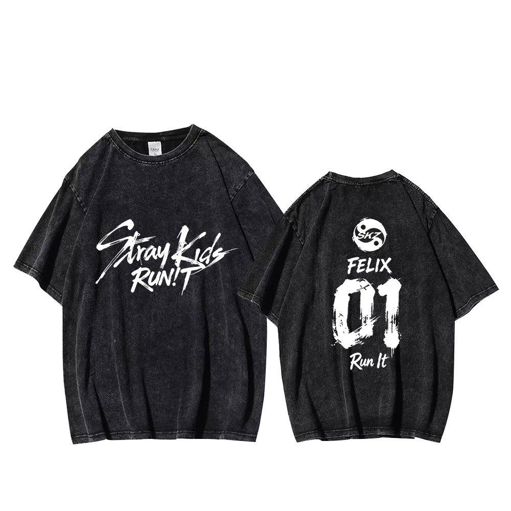 SKZ RUN IT Number Printed Washed T-shirt