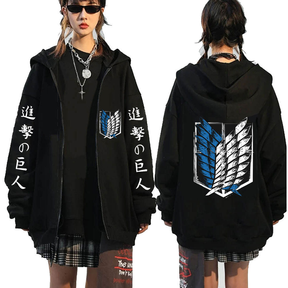 Unisex Anime Print Casual Black Zipper Hoodie