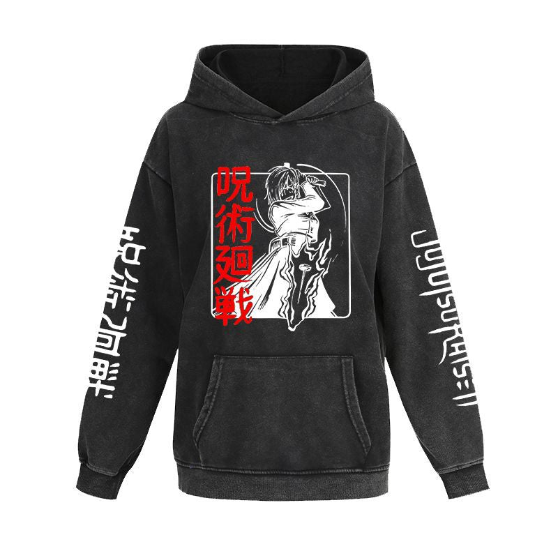 Unisex Vintage Anime Washed Casual Loose Hoodie