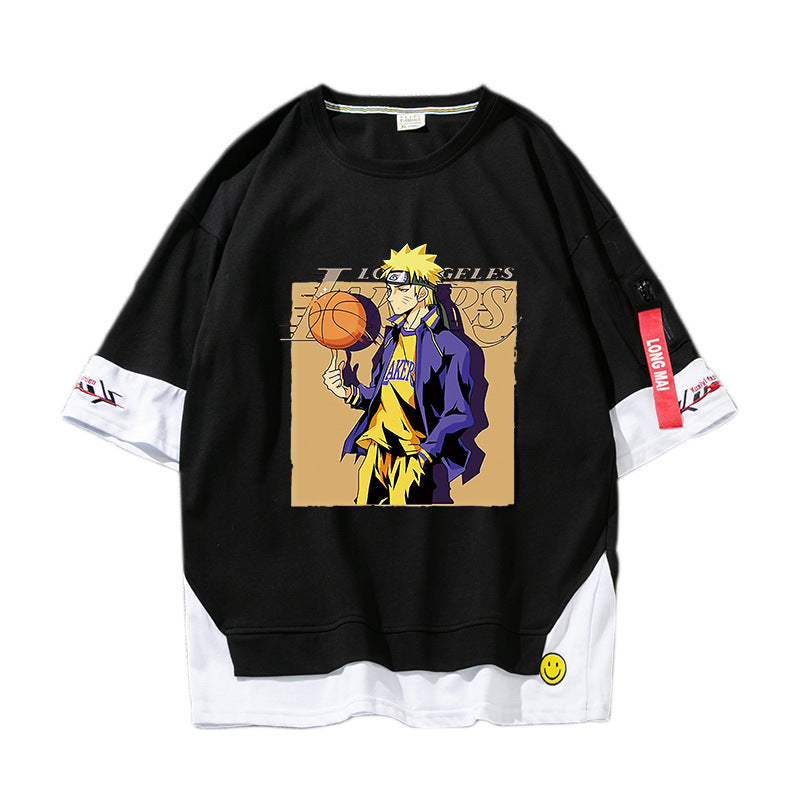 Unisex Anime Kakashi Fake Two-piece Loose T-shirt