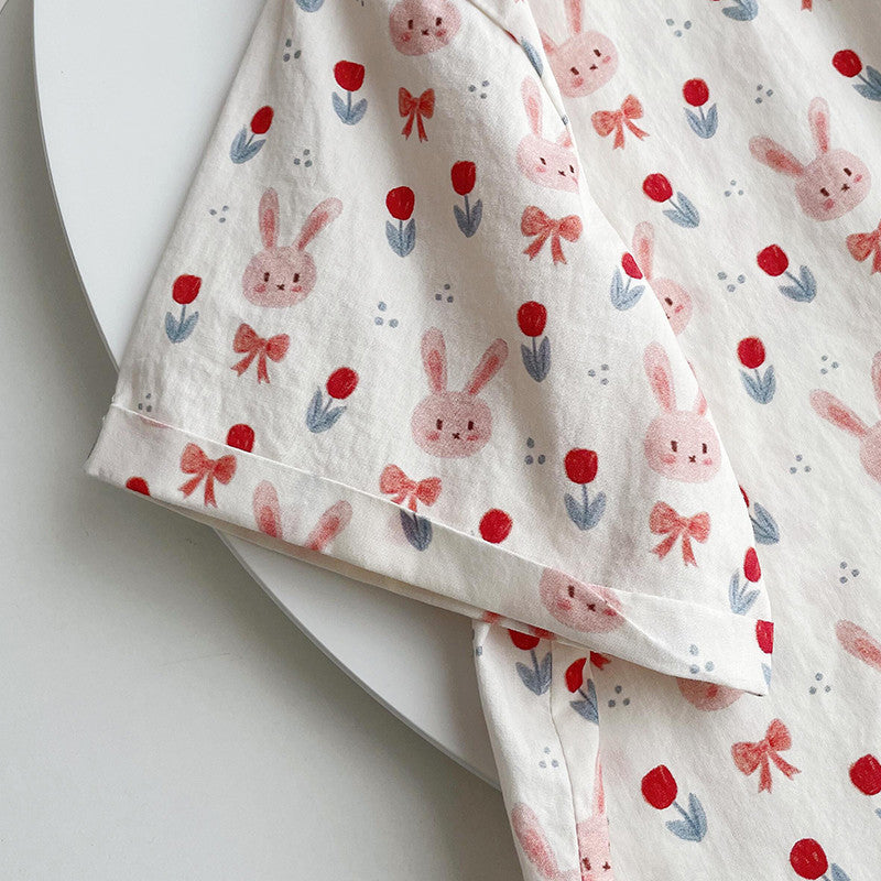 Sweet Cartoon Bunny Print Lapel Short-sleeved Shirt