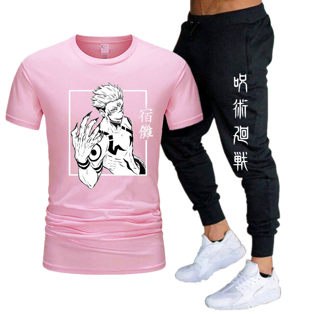 Men's Anime Printed T-shirt Sports Pants Set