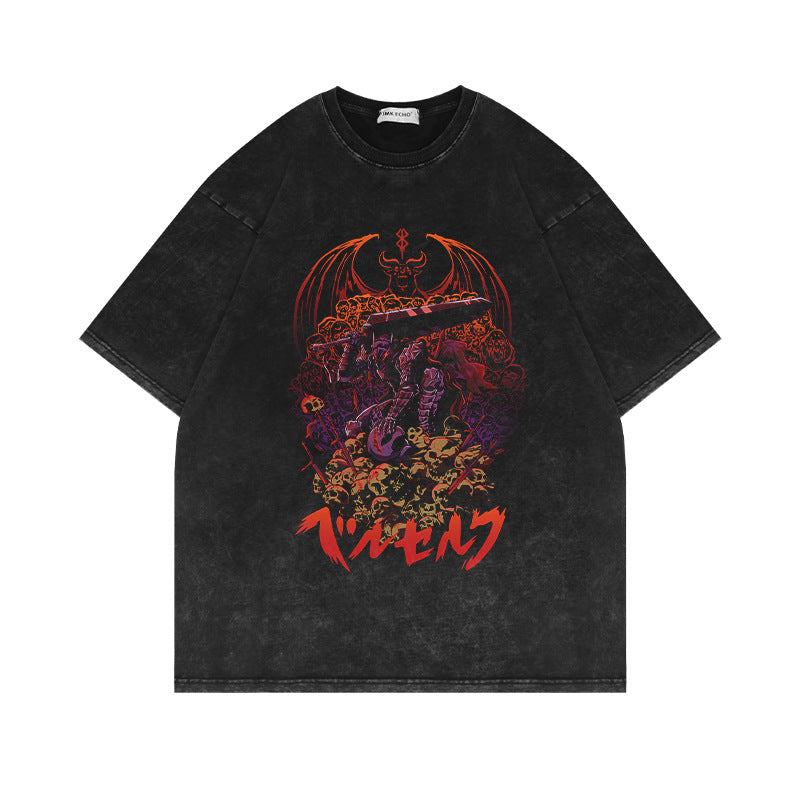 Unisex Vintage Anime Washed Half-sleeve T-shirt