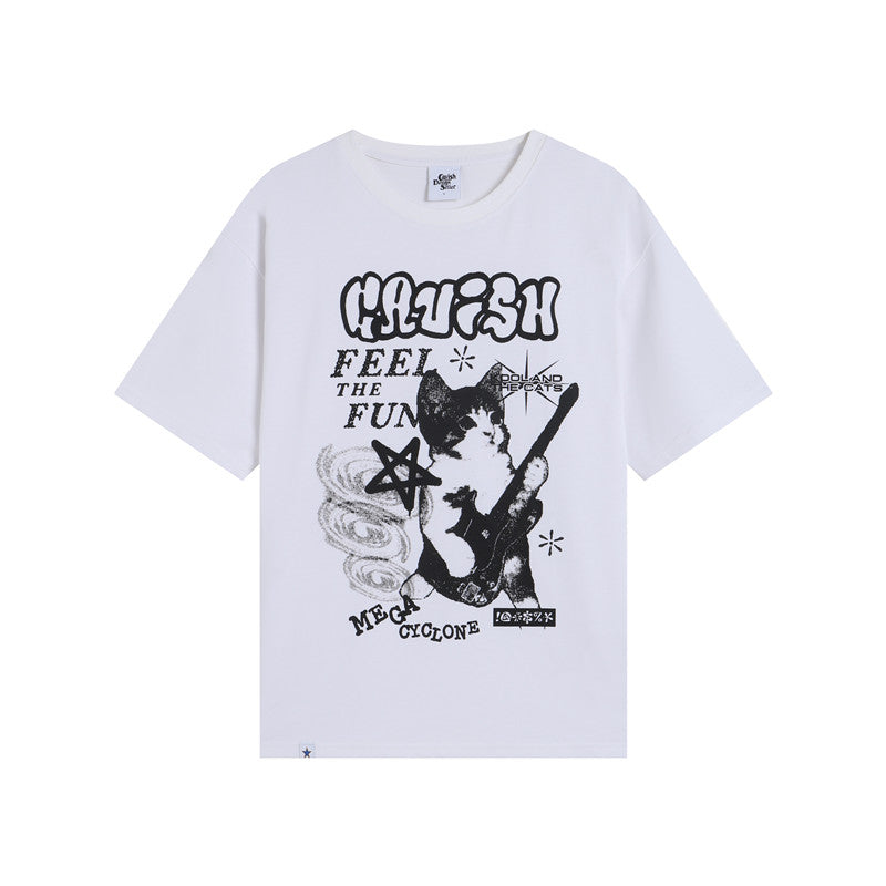Korean Style Niche Guitar Cat Short Sleeve Tee