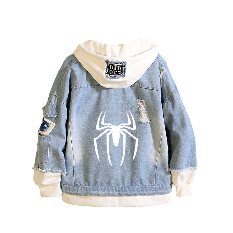 Unisex Spider Graphic Print Hooded Denim Jacket